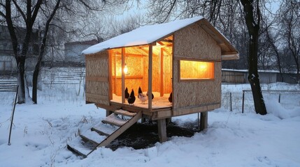 A well-built chicken coop designed for winter, with insulation and a heat lamp to keep the hens...