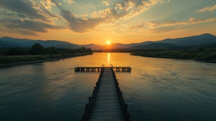 Fototapeta premium A wide river with a wooden pier extending out over the water, with distant mountains and a setting sun.