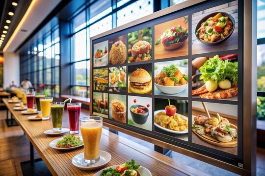 Vibrant digital display showcasing a variety of mouthwatering dishes and refreshing beverages on a modern menu board in front of a bustling city café shop.