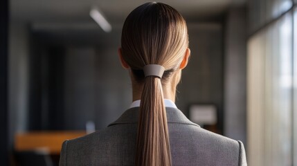 A woman long, straight hair tied into a low ponytail with a sleek, modern rubber band, in a professional office setting.