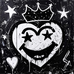 Black and white street art depicting a large heart with a crown and stars on textured brick wall.