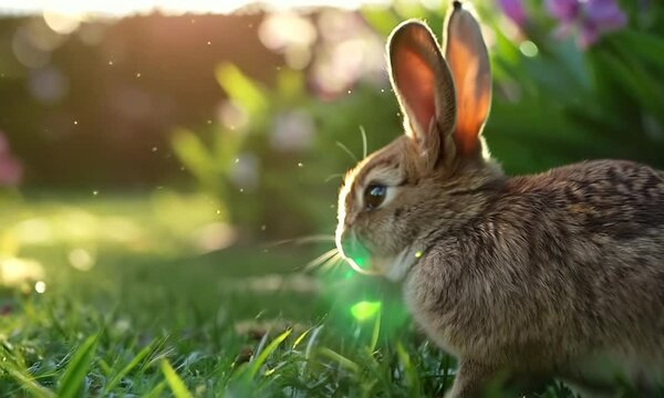 Friendly bunny hopping around a grassy yard, Video