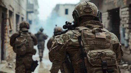 Obraz premium Tactical team training in an urban combat environment, moving through buildings with precision. Generative AI.