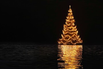 A beautifully lit Christmas tree floating on water, casting a stunning reflection in the dark night. This festive scene emits warmth and holiday cheer despite the surrounding darkness.
