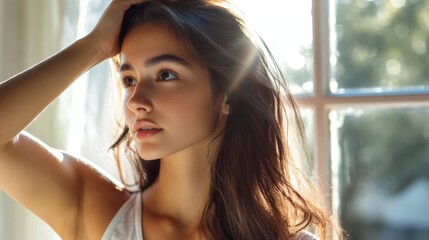 A young woman tying her long hair with a neutral-colored hair rubber band, standing in front of a sunlit window.