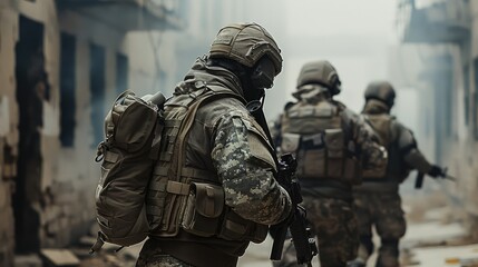 Obraz premium Tactical team training in an urban combat environment, moving through buildings with precision. Generative AI.
