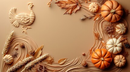 Fototapeta premium A simple Thanksgiving composition featuring a turkey outline with small pumpkins and wheat stalks subtly placed around it, set against a warm, earth-toned background 