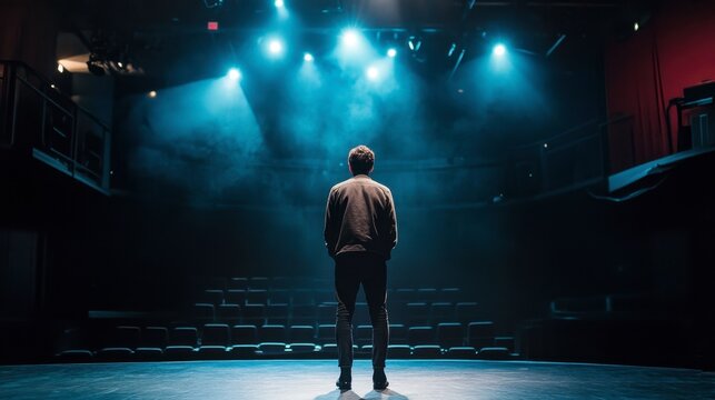 An actor delivering an emotional monologue on stage, illuminated by a single spotlight in an intimate theater setting.