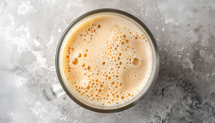 Blender cup with soy milk, top view. A freshly prepared plant-based milk drink with bubbles on the surface