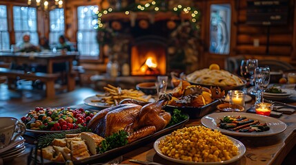 A rustic Thanksgiving table spread with a golden-brown turkey, freshly baked cornbread, and roasted vegetables, set in a cozy wooden cabin, with a family laughing and sharing stories by the 