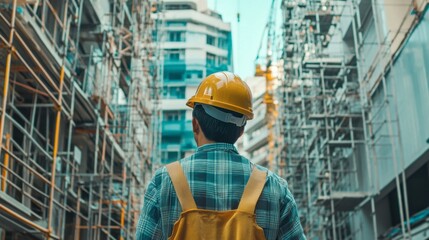 Fototapeta premium An engineer inspecting a partially completed construction project, with scaffolding and construction equipment in the background.