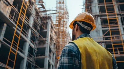 An engineer inspecting a partially completed construction project, with scaffolding and construction equipment in the background.
