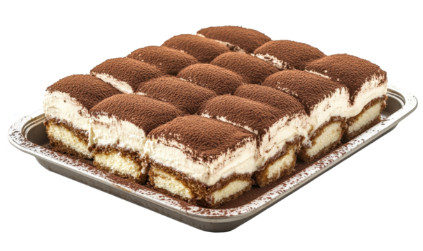 Tiramisu tray with cocoa dusting and decorative whipped cream in a baking tray on a transparent background.