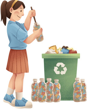Girl Student Turning Plastic Waste into Ecobricks Illustration