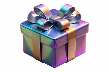 Fototapeta premium Holographic Gift Box Concept: Isolated Shiny Ribbon Present for Joyful New Year 2025 Celebration - Reflective Vibrant Colors on White Background in Stock Photo