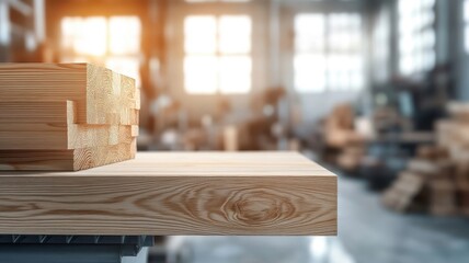 Realistic depiction of a woodworking shop conveyor belt, with wooden planks being cut, sanded, and assembled, showcasing craftsmanship and organized workflow.