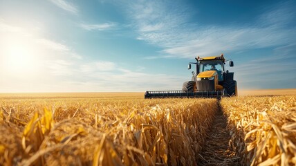 Fototapeta premium Panoramic view of vast cornfield with tractor harvesting.