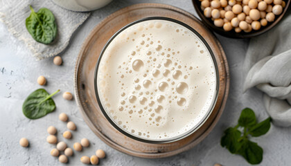 Blender cup with soy milk, top view. A freshly prepared plant-based milk drink with bubbles on the surface