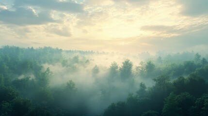 Naklejka premium Early morning mist rising from a forest, blending with soft clouds in the sky as the sun begins to rise.