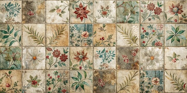 Distressed vintage patchwork tiles with faded floral leaf print create a unique, worn, and weathered stone concrete cement wall texture background with seamless pattern.