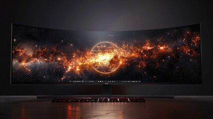 Ultrawide curved monitor displaying a galaxy in a gaming setup