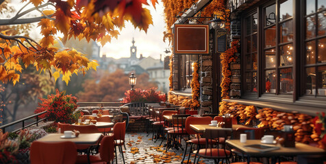 A cozy autumn cafe terrace with colorful leaves, warm hues of red and orange, inviting sofas around tables, an outdoor seating area overlooking the cityscape. Generative AI.
