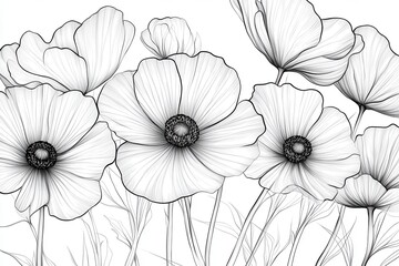 Fototapeta premium A line art illustration of blooming flowers, emphasizing delicate details and natural beauty.