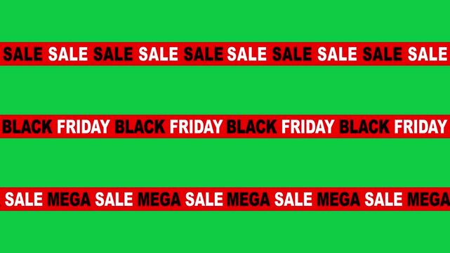 set of black friday, sale and mega sale red ribbons on green background animation, isolated sale tapes shopping and promotion design element