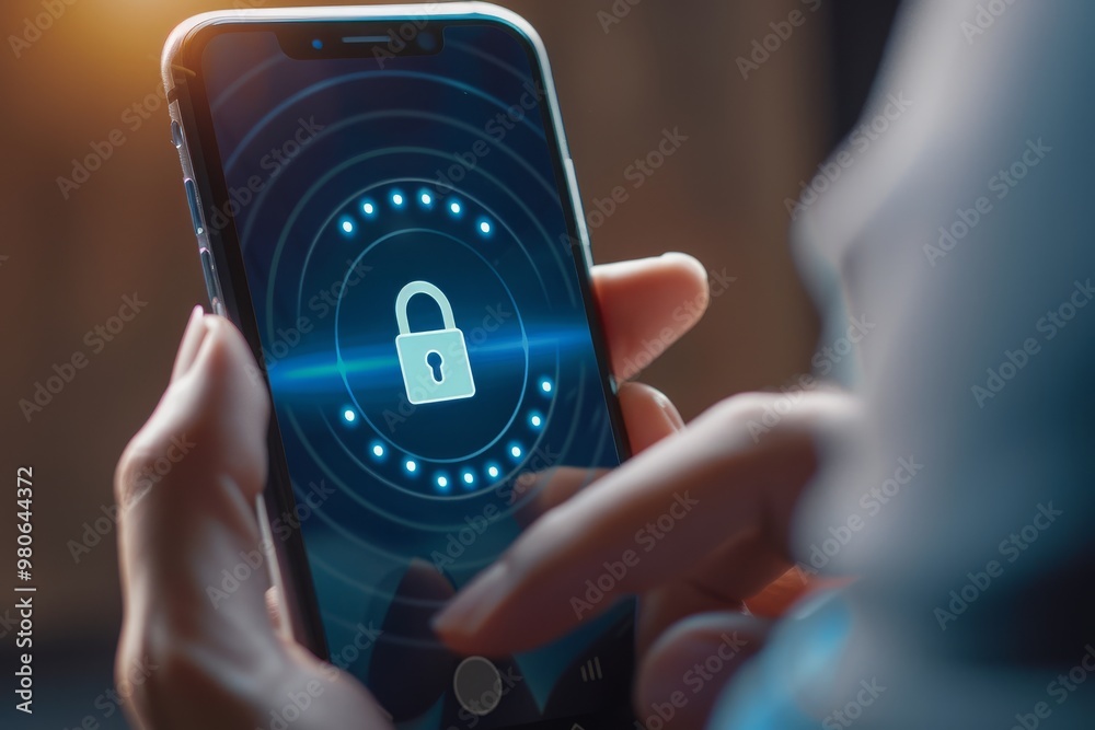 Aufkleber Hand holding a smartphone with a lock icon on the screen, symbolizing mobile security, data protection, and digital privacy in a connected world.