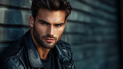 Fototapeta premium Stylish young man with a leather jacket poses against a textured wall in a city setting during golden hour