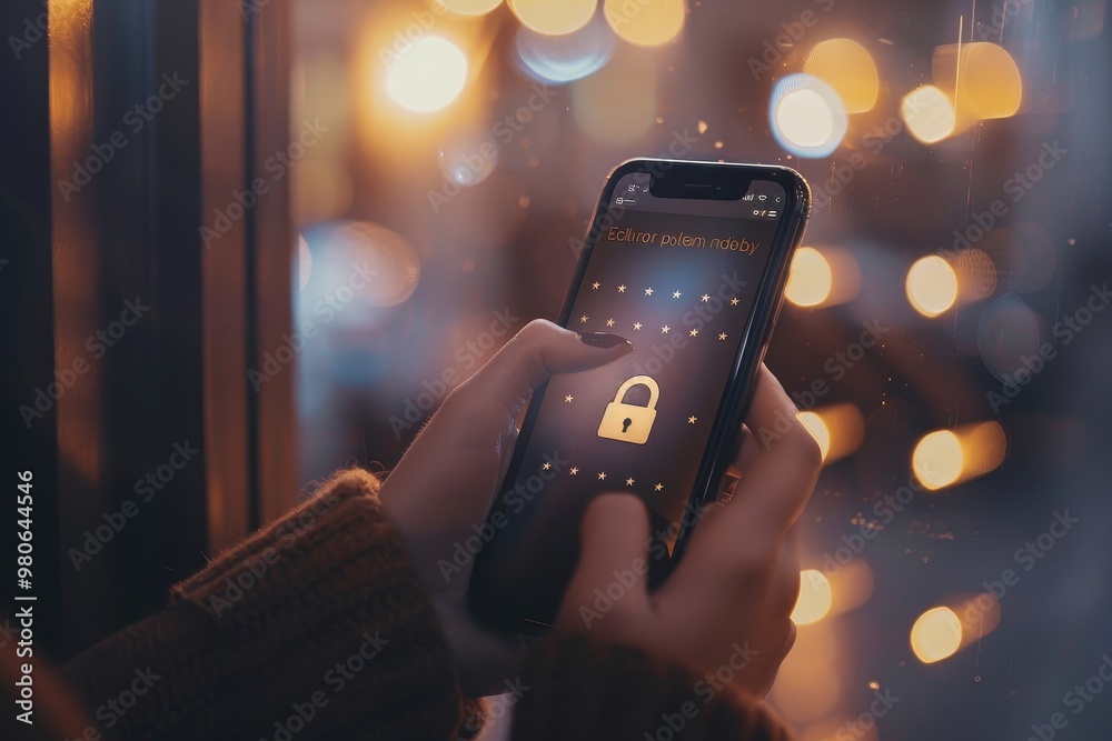 Aufkleber Hand holding a smartphone with a lock icon on the screen, symbolizing mobile security, data protection, and digital privacy in a connected world.