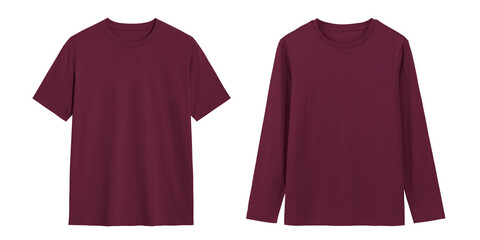 Burgundy T Shirt Mockup,  Short Sleeve & Long Sleeve on White Background