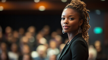 A confident woman stands in front of an engaged audience, embodying leadership and inspiration in a professional setting.