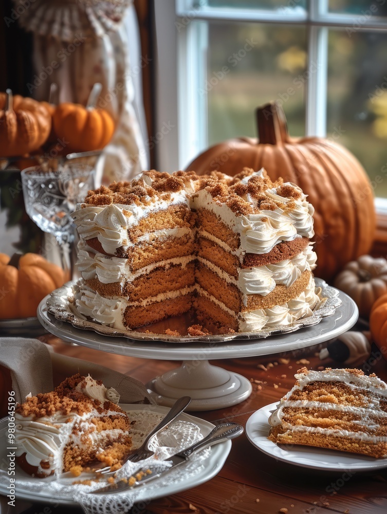 Poster an old-fashioned pumpkin layered cake with layers and frosting, in a glass dish on a table with pump