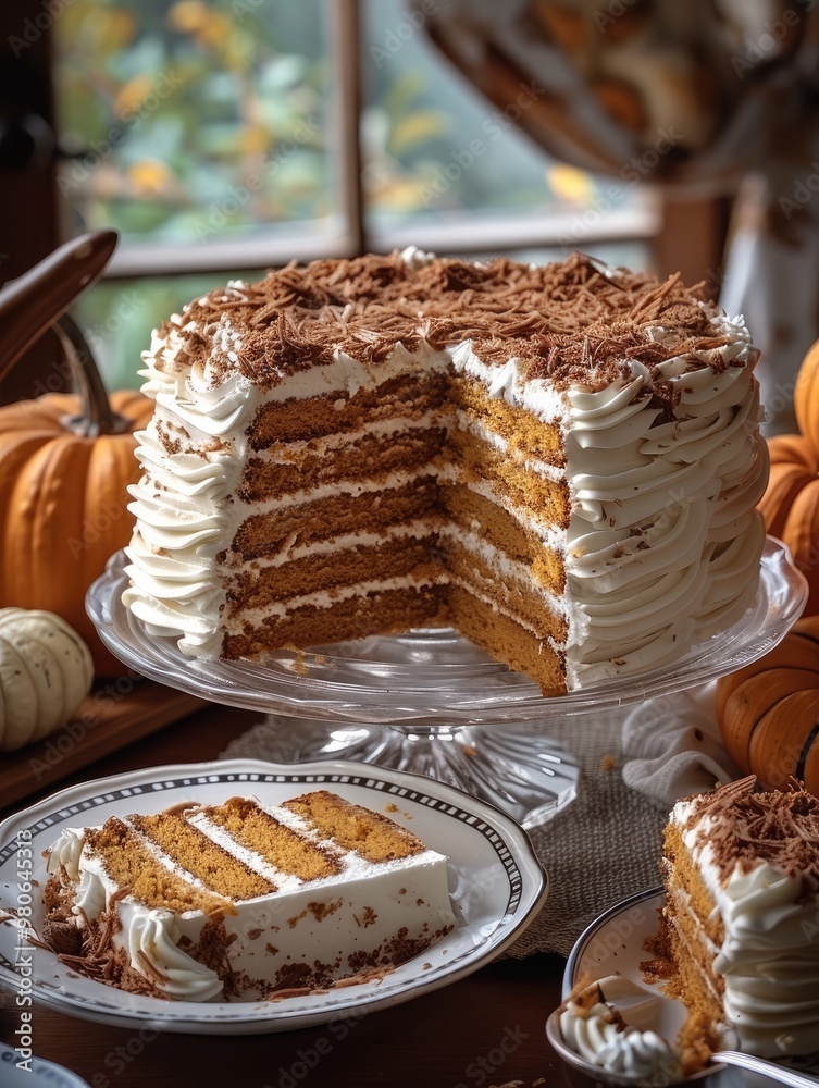 Poster an old-fashioned pumpkin layered cake with layers and frosting, in a glass dish on a table with pump