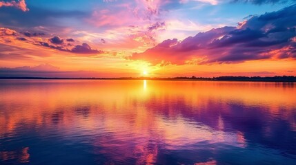 Obraz premium Sunset clouds with vibrant orange, pink, and purple hues, reflecting off the water of a calm lake.