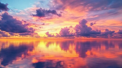 Fototapeta premium Sunset clouds with vibrant orange, pink, and purple hues, reflecting off the water of a calm lake.