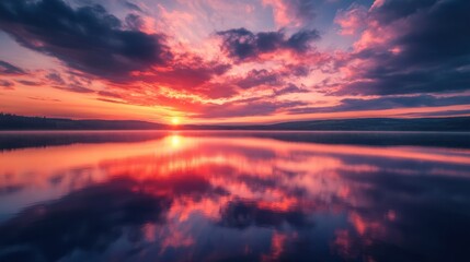 Fototapeta premium Sunset clouds with vibrant orange, pink, and purple hues, reflecting off the water of a calm lake.