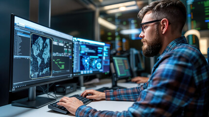 It specialist working at system control center is programming at night