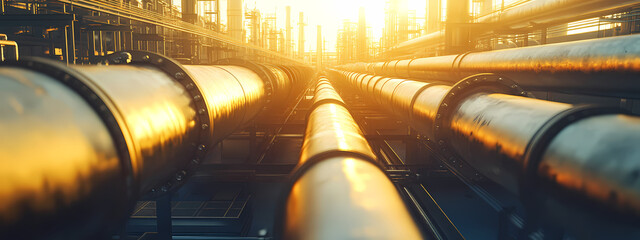Fototapeta premium Gleaming Metallic Pipelines in Industrial Complex