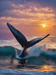 Fototapeta premium Whale tail emerging from watercolor waves with shades of blue and purple