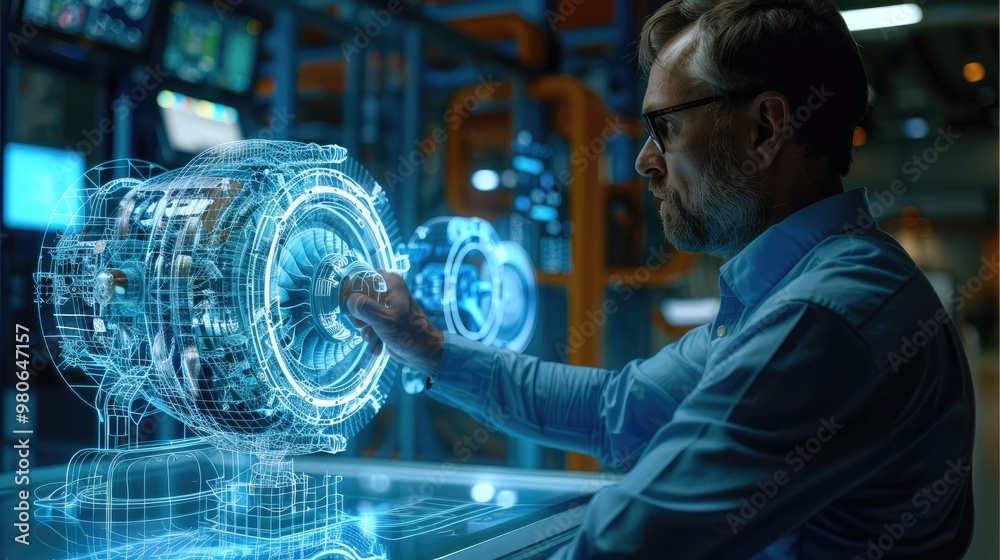 Poster An engineer is using augmented reality technology to display a holographic image of an airplane engine on the table in front of him, showcasing its complex structure and details. Generative AI.