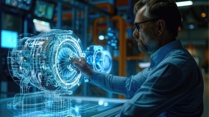 An engineer is using augmented reality technology to display a holographic image of an airplane engine on the table in front of him, showcasing its complex structure and details. Generative AI.