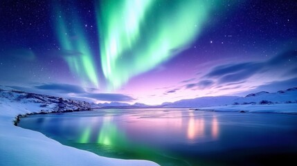 The Northern Lights dancing over a snow-covered landscape, with a serene lake reflecting the vibrant green and purple hues.