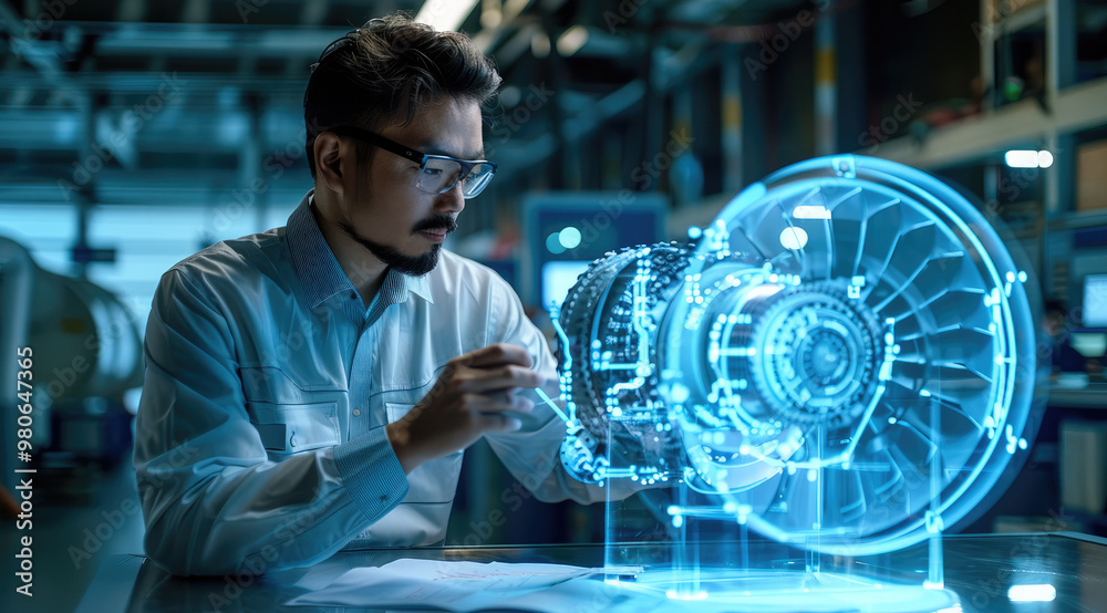 Poster An engineer is using augmented reality technology to display a holographic image of an airplane engine on the table in front of him, showcasing its complex structure and details. Generative AI.