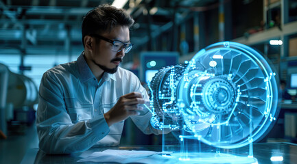 An engineer is using augmented reality technology to display a holographic image of an airplane engine on the table in front of him, showcasing its complex structure and details. Generative AI.
