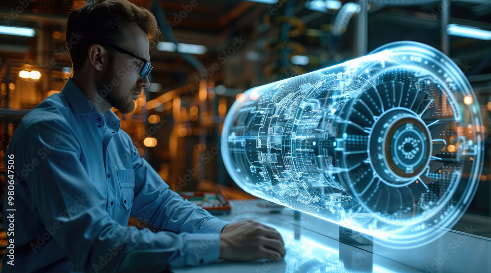 Poster An engineer is using augmented reality technology to display a holographic image of an airplane engine on the table in front of him, showcasing its complex structure and details. Generative AI.