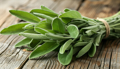 Bunch of fresh sage leaves on wooden table, closeup