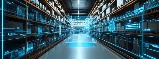 Fototapeta premium High-Tech Warehouse Hallway with Automated Shelves