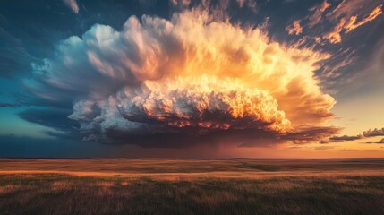 Obraz premium Thunderclouds forming a large storm system over a flat prairie, with dramatic lighting illuminating the clouds.